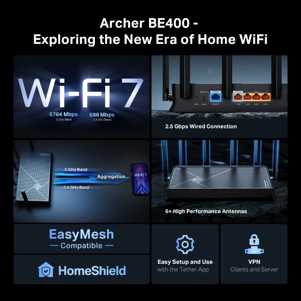 TP-Link Archer BE400 BE6500 Dual Band Gigabit WiFi 7 Router - Image 4
